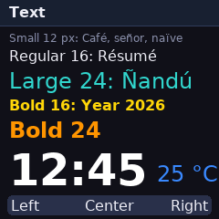 Text demo page showing five anti-aliased font sizes and a large clock