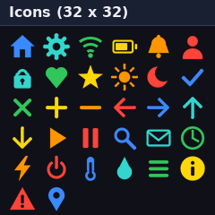Icons demo page with 32 colourful icons in a grid