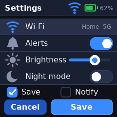 Settings demo page with list rows, switches, a slider, check boxes and buttons