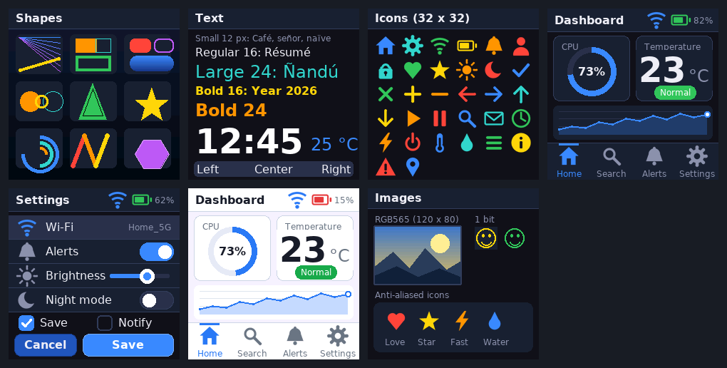 Contact sheet of the seven demo pages: Shapes, Text, Icons, Panel, Settings, Light theme and Images