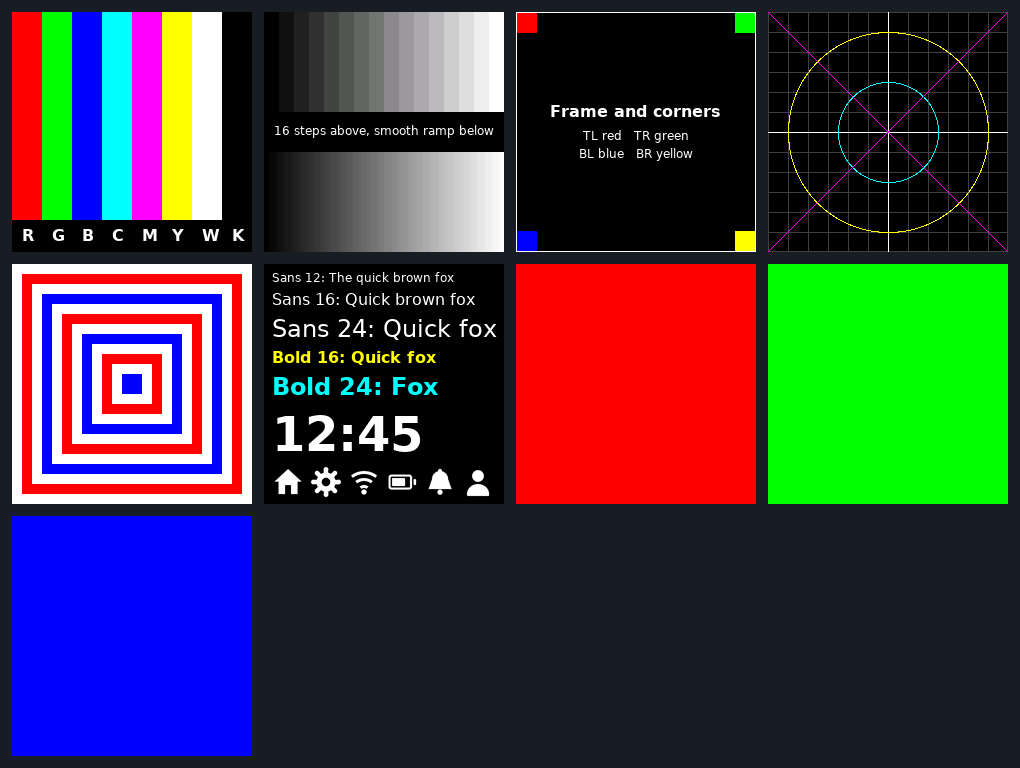 Contact sheet of the nine self-test patterns: colour bars, gray ramp, frame and corners, grid, nested rectangles, text and icons, and solid red, green and blue